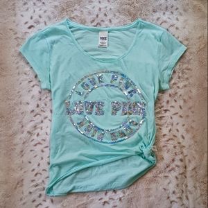 VS "LOVE PINK" Bling Short Sleeve Campus Tee in *aqua/teal/blue *size small *EUC